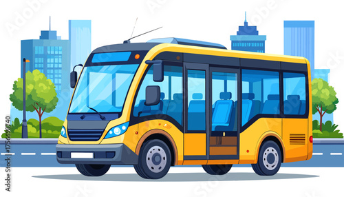 A vibrant cartoon illustration of a modern yellow city bus with blue windows on a road, set against a blurred urban skyline with buildings and trees.