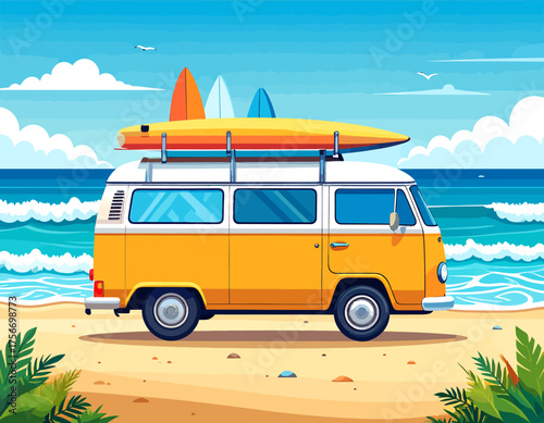 A vibrant yellow and white vintage camper van with surfboards on its roof rack, parked on a sunny sandy beach with the ocean and blue sky in the background.