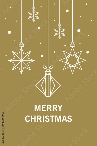 Minimalist outline christmas ornaments hanging design, gold festive vertical vector card. 