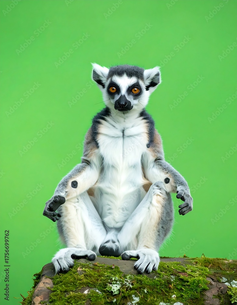 Fototapeta premium Lemur sits in pose against green