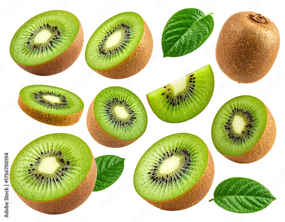 Fototapeta premium Kiwi fruit slices and leaves isolated on white