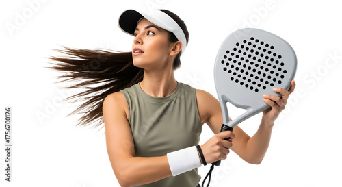 padel player in sportswear holding racket, indoor court, dynamic lifestyle action shot, side view, fitness concept Paddle