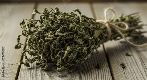 Fototapeta Naklejka Na Ścianę i Meble -  Bundle of Dried Mint Leaves Tied with Twine on Rustic Wooden Surface, Macro Close-up