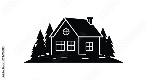 A charming rustic cabin nestled amongst tall evergreen trees in a striking black silhouette against a white background evoking a sense of peaceful solitude and nature
