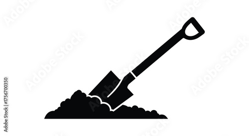A simple black silhouette of a shovel digging into a pile of dirt representing gardening or construction work silhouette