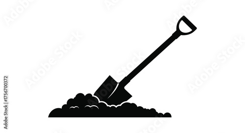 Black silhouette of a shovel digging into a pile of soil or dirt on a white background