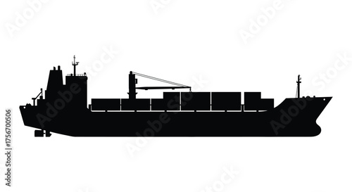 A detailed black silhouette of a large cargo ship carrying containers on a white background silhouette