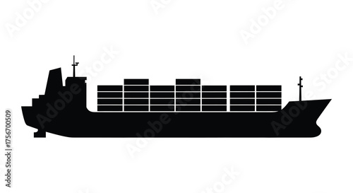 A black silhouette of a large cargo ship loaded with containers sailing on the water silhouette