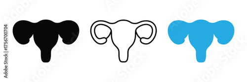 Female reproductive system illustrated in black, blue, and outline style,Uterus vector icon in different styles isolated on white background