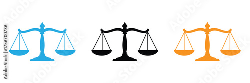 Scales of justice in blue, black, and orange represent legal balance,Scales of justice symbol in different colors isolated on white background