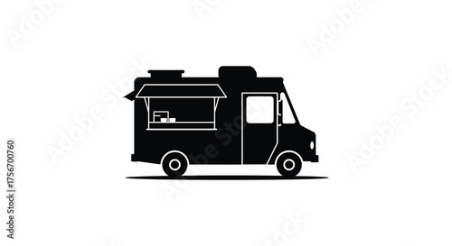 A simple black silhouette of a food truck with an open serving window and wheels on a white background silhouette