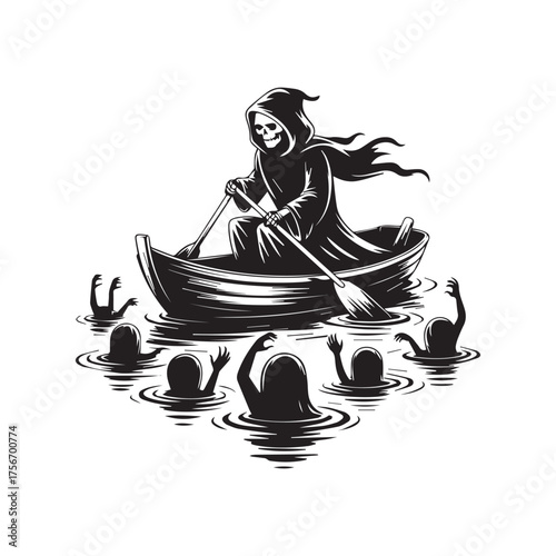 Vector art of grim reaper rowing boat with drowning souls a dark and macabre illustration for halloween themes