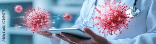 Doctor using tablet, analyzing virus infection data.