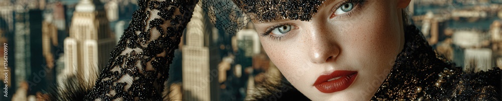 Obraz premium A mysterious woman with a wild cat head stands tall in a surreal city, radiating confidence, grace, and untamed feminine energy.