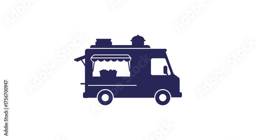 A dark blue silhouette of a classic food truck with an open serving window and awning on a white background silhouette
