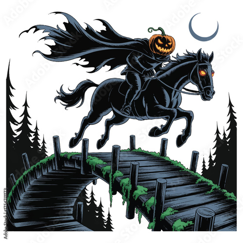 Vector art of headless horseman riding on a bridge under the moonlight, creating a spooky and thrilling halloween scene