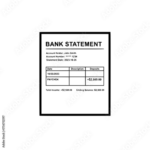 Bank statement showing a paycheck deposit for financial records and accounting