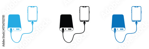 Power bank charges a mobile phone for staying connected on the go,Three power bank and smartphone icons isolated on white background