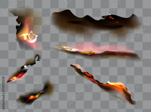 Fire on burnt paper edges. Frames with burn effect with yellow flame, black ash and scorched edges of pages or parchment sheets isolated on transparent background,