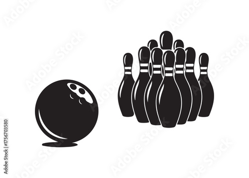 Vector art of bowling ball and pins in black and white