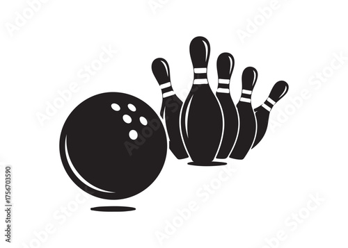 Vector art of bowling ball and pins in black and white style