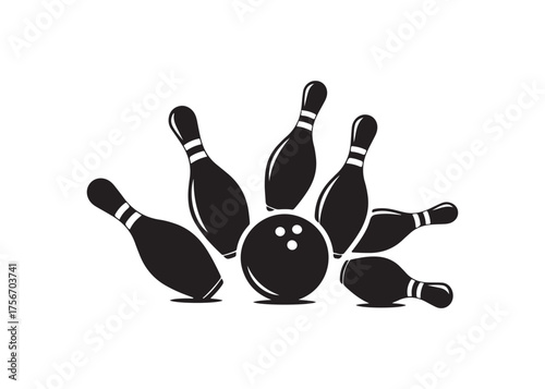 Vector art of bowling ball hitting pins, ready for a strike game