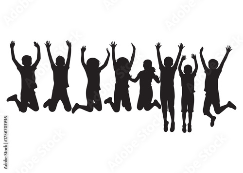 Vector art of silhouette of a group of children jumping with their arms raised