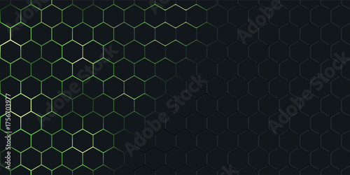 Dark hexagonal technology vector abstract background. Green bright energy flashes under hexagon in futuristic illustration modern technology background. Dark honeycomb texture grid.