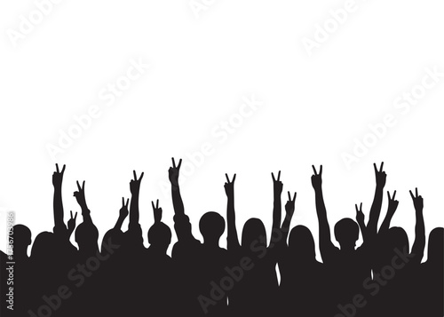 Vector art of silhouette of a crowd of people with their hands raised on