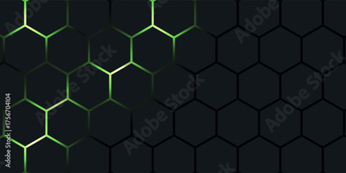 Dark hexagonal technology vector abstract background. Green bright energy flashes under hexagon in futuristic illustration modern technology background. Vector Illustration