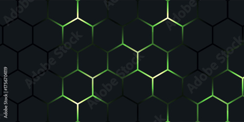 Dark hexagonal technology vector abstract background. Green bright energy flashes under hexagon in futuristic illustration modern technology background. Vector Illustration
