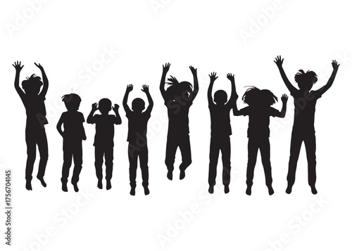 Vector art of silhouette of a group of children jumping with joy