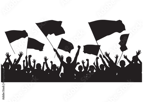 Vector art of silhouette of a crowd of people protesting and waving flags