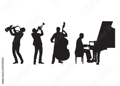 Vector art of silhouette of jazz band with saxophone, trumpet