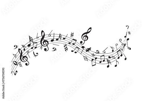 Vector art of wavy musical notes on a stave