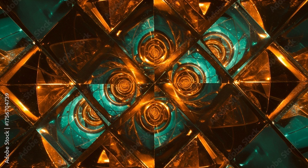 Fototapeta premium Abstract glass art features geometric shapes and patterns in warm amber and cool teal hues.