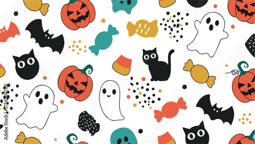 Spooky seamless Halloween pattern featuring pumpkins, ghosts, cats, bats, candy, and scattered dots on a white background. This fun and festive vector design is ideal for party decorations, textiles 