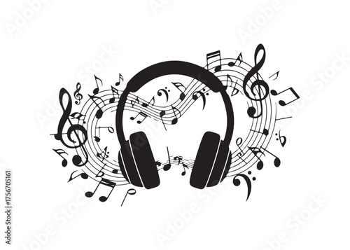 Vector art of headphones with musical notes, a music concept