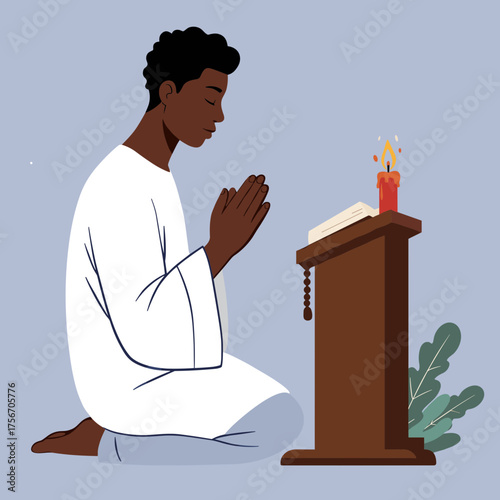 Black man praying while kneeling at altar with candle and book  