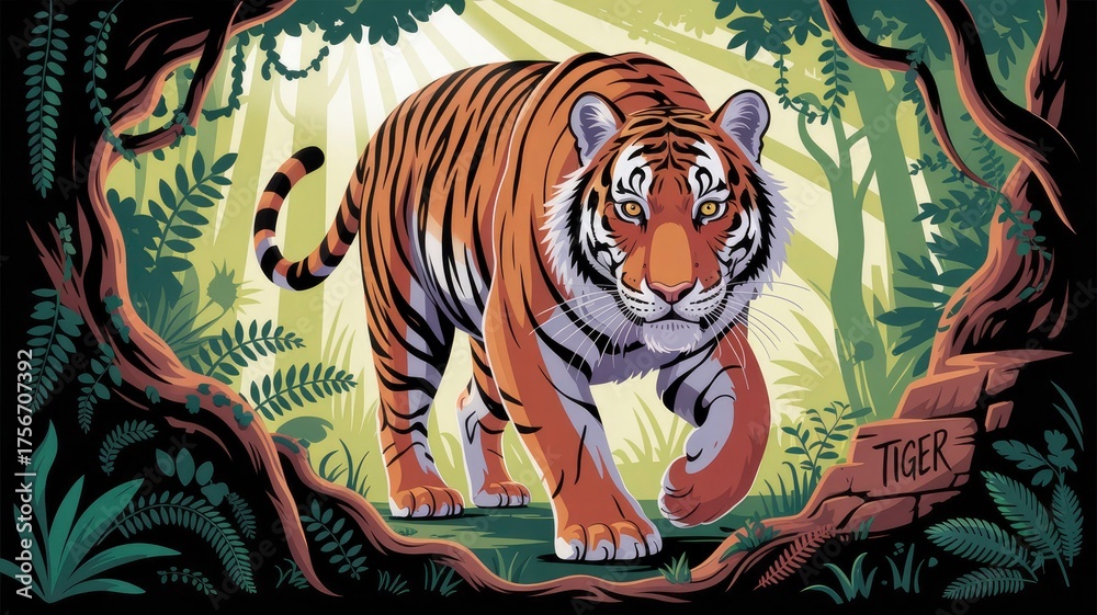 Fototapeta premium Majestic Tiger Walking Through Lush Jungle with Sunlight Beams