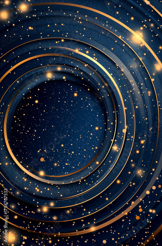 Blue and gold circle with a lot of sparkles. The circle is surrounded by a lot of stars and the stars are scattered all over the circle