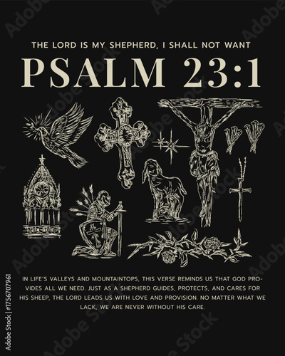 Psalm 23:1 Christian Artwork – The Lord is My Shepherd, Bible Verse Typography, hand drawn christian & Faith Design T-Shirt