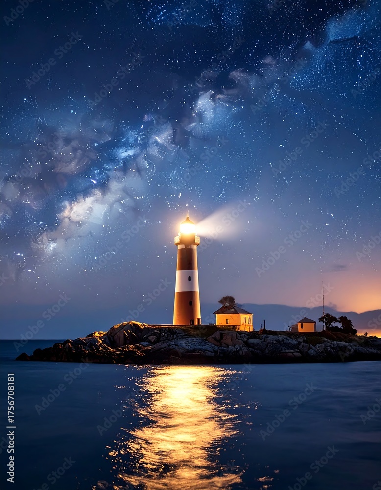 Fototapeta premium Lighthouse bathed in starlight over the sea