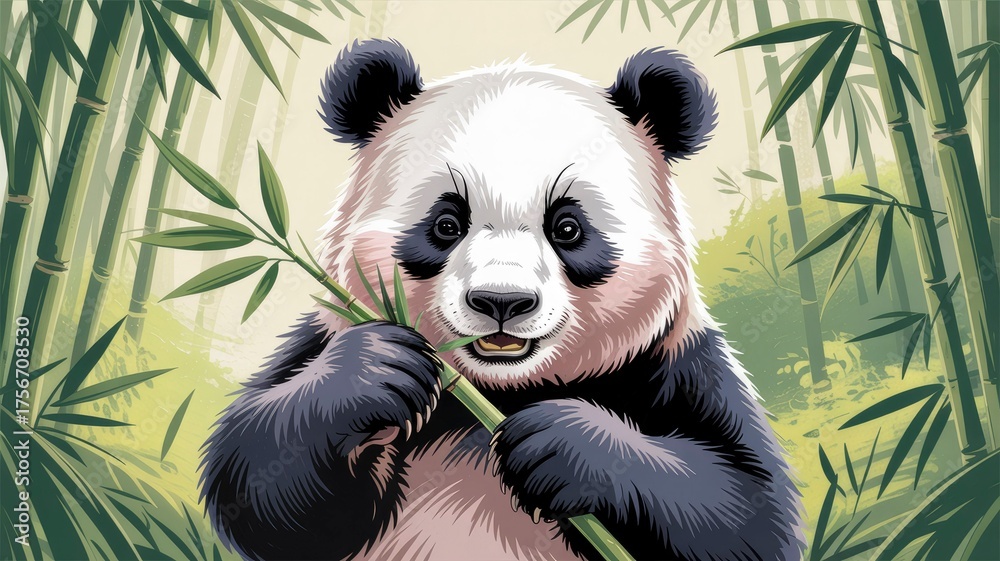 Fototapeta premium Adorable Panda Chewing Bamboo Surrounded by Lush Greenery