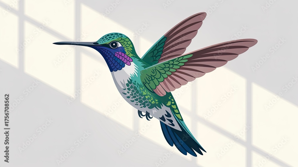 Fototapeta premium Colorful Hummingbird in Flight with Vibrant Feathers and Wings