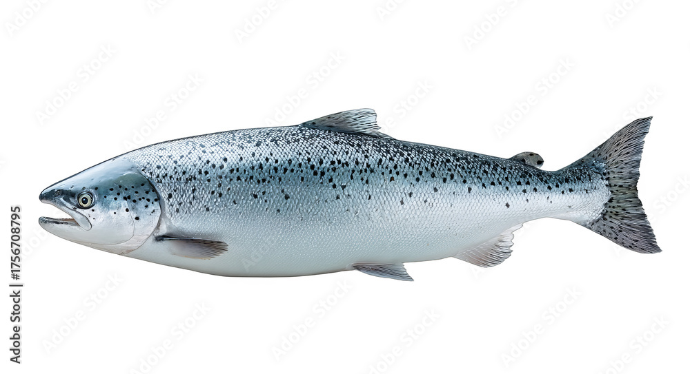 Naklejka premium This is a fresh Atlantic salmon fish with a silver body and black spots, representing a nutritious seafood option.