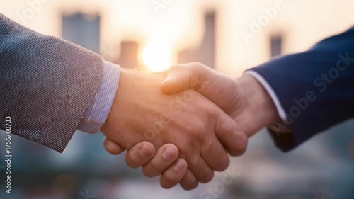 Handshake in the City: A close-up shot of two people in business suits shaking hands against a blurred backdrop of a bustling city, symbolizing agreement and collaboration.