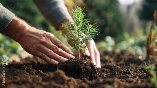 Planting the Seed of Tomorrow: A close-up shot captures a moment of environmental stewardship as hands carefully nurture a seedling in fertile earth.
