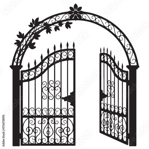 Elegant Open Wrought Iron Gate and Archway with Ornate Details