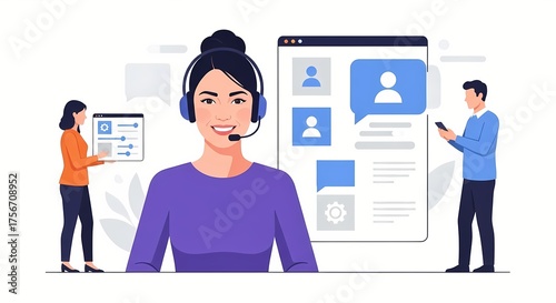Customer support service with call center operator, teamwork concept.